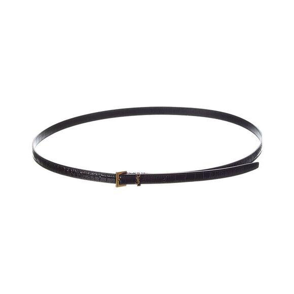 Saint Laurent Cassandre Thin Croc-Embossed Leather Belt, Black